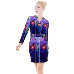 Moon And Locust Tree Collage Button Long Sleeve Dress by okhismakingart