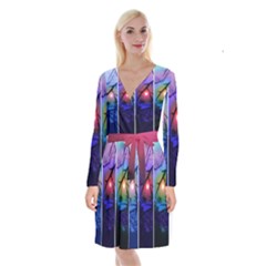 Moon And Locust Tree Collage Long Sleeve Velvet Front Wrap Dress by okhismakingart