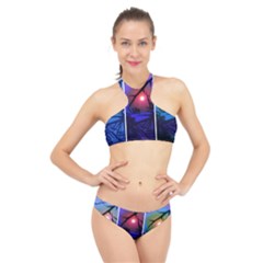 Moon And Locust Tree Collage High Neck Bikini Set by okhismakingart