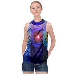 Moon And Locust Tree Collage High Neck Satin Top by okhismakingart