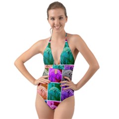 Color Block Queen Annes Lace Collage Halter Cut-out One Piece Swimsuit by okhismakingart