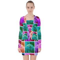 Color Block Queen Annes Lace Collage V-neck Bodycon Long Sleeve Dress by okhismakingart