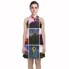 Sunflower Collage Velvet Halter Neckline Dress  by okhismakingart