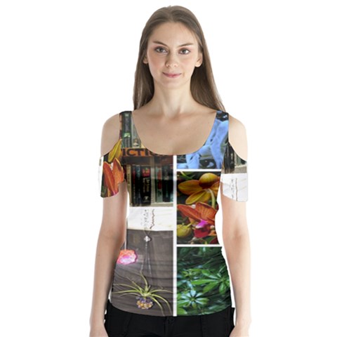 Floral Collage Butterfly Sleeve Cutout Tee  by okhismakingart