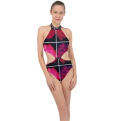 Geranium Collage Halter Side Cut Swimsuit by okhismakingart