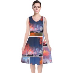 Sunset Collage V-neck Midi Sleeveless Dress  by okhismakingart