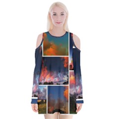 Sunset Collage Velvet Long Sleeve Shoulder Cutout Dress by okhismakingart