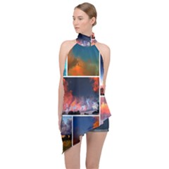 Sunset Collage Halter Asymmetric Satin Top by okhismakingart