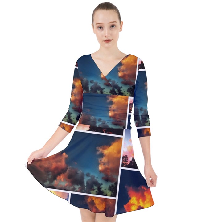 Sunset Collage II Quarter Sleeve Front Wrap Dress