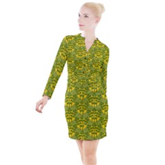 Texture Plant Herbs Green Button Long Sleeve Dress