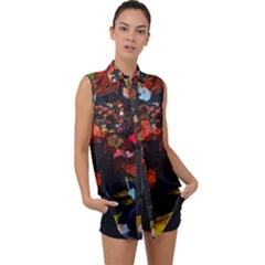 Leaves And Puddle Sleeveless Chiffon Button Shirt