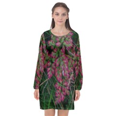 Pink-fringed Leaves Long Sleeve Chiffon Shift Dress  by okhismakingart