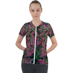 Pink-fringed Leaves Short Sleeve Zip Up Jacket by okhismakingart