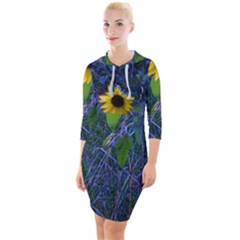 Blue Sunflower Quarter Sleeve Hood Bodycon Dress by okhismakingart