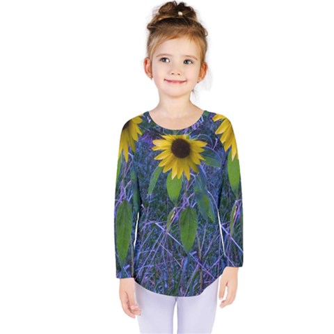 Blue Sunflower Kids  Long Sleeve Tee by okhismakingart