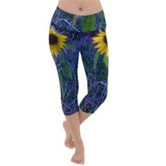 Blue Sunflower Lightweight Velour Capri Yoga Leggings by okhismakingart