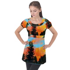 Neon Landscape Puff Sleeve Tunic Top by okhismakingart