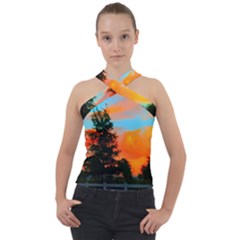 Neon Landscape Cross Neck Velour Top