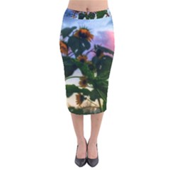 Sunflowers And Wild Weeds Velvet Midi Pencil Skirt by okhismakingart