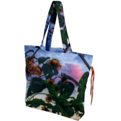 Sunflowers And Wild Weeds Drawstring Tote Bag by okhismakingart