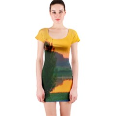 Lake Sunrise Short Sleeve Bodycon Dress by okhismakingart