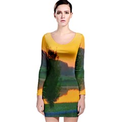 Lake Sunrise Long Sleeve Velvet Bodycon Dress by okhismakingart