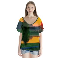 Lake Sunrise V-neck Flutter Sleeve Top by okhismakingart