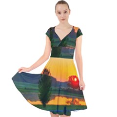 Lake Sunrise Cap Sleeve Front Wrap Midi Dress by okhismakingart