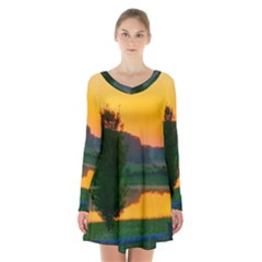 Lake Sunrise Long Sleeve Velvet V-neck Dress by okhismakingart