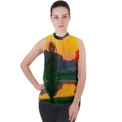 Lake Sunrise Mock Neck Chiffon Sleeveless Top