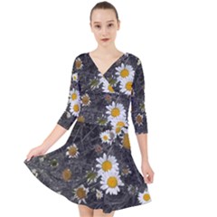 Black And White With Daisies Quarter Sleeve Front Wrap Dress by okhismakingart