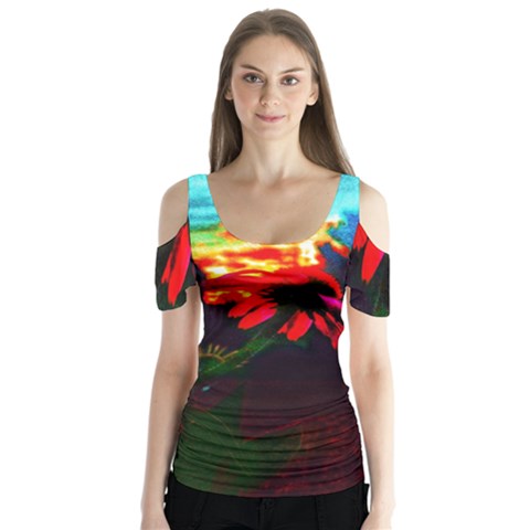 Neon Cone Flower Butterfly Sleeve Cutout Tee  by okhismakingart