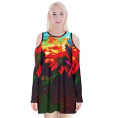 Neon Cone Flower Velvet Long Sleeve Shoulder Cutout Dress by okhismakingart