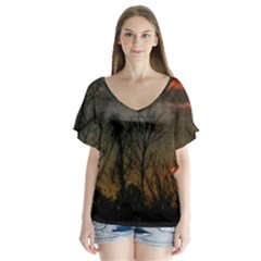 Old Sunset V-neck Flutter Sleeve Top by okhismakingart