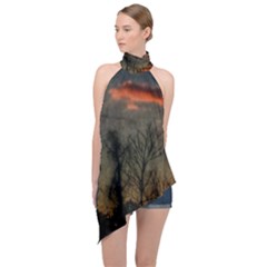 Old Sunset Halter Asymmetric Satin Top by okhismakingart