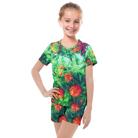 Intense Flowers Kids  Mesh Tee And Shorts Set by okhismakingart