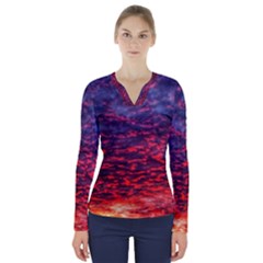 Blood Red Sunrise V-neck Long Sleeve Top by okhismakingart