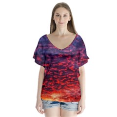 Blood Red Sunrise V-neck Flutter Sleeve Top by okhismakingart