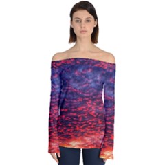 Blood Red Sunrise Off Shoulder Long Sleeve Top by okhismakingart