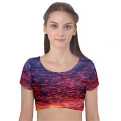 Blood Red Sunrise Velvet Short Sleeve Crop Top 