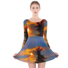 Sunrise And Fir Tree Long Sleeve Velvet Skater Dress