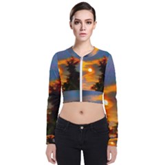 Sunrise And Fir Tree Long Sleeve Zip Up Bomber Jacket by okhismakingart