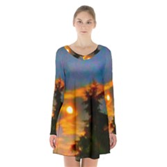 Sunrise And Fir Tree Long Sleeve Velvet V-neck Dress by okhismakingart