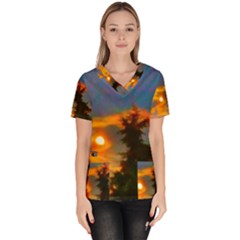 Sunrise And Fir Tree Women s V-neck Scrub Top by okhismakingart