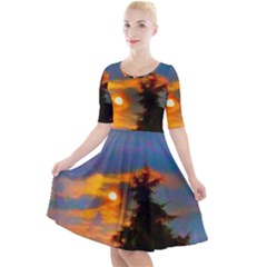 Sunrise And Fir Tree Quarter Sleeve A-line Dress by okhismakingart