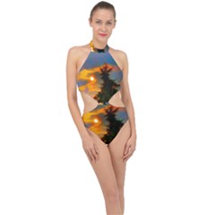 Sunrise And Fir Tree Halter Side Cut Swimsuit by okhismakingart