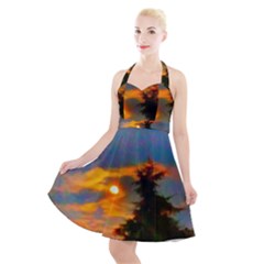 Sunrise And Fir Tree Halter Party Swing Dress  by okhismakingart