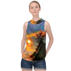 Sunrise And Fir Tree High Neck Satin Top