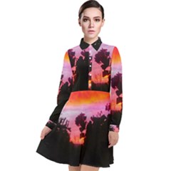 Sunset And Geraniums Long Sleeve Chiffon Shirt Dress