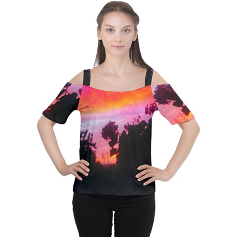 Sunset And Geraniums Cutout Shoulder Tee by okhismakingart